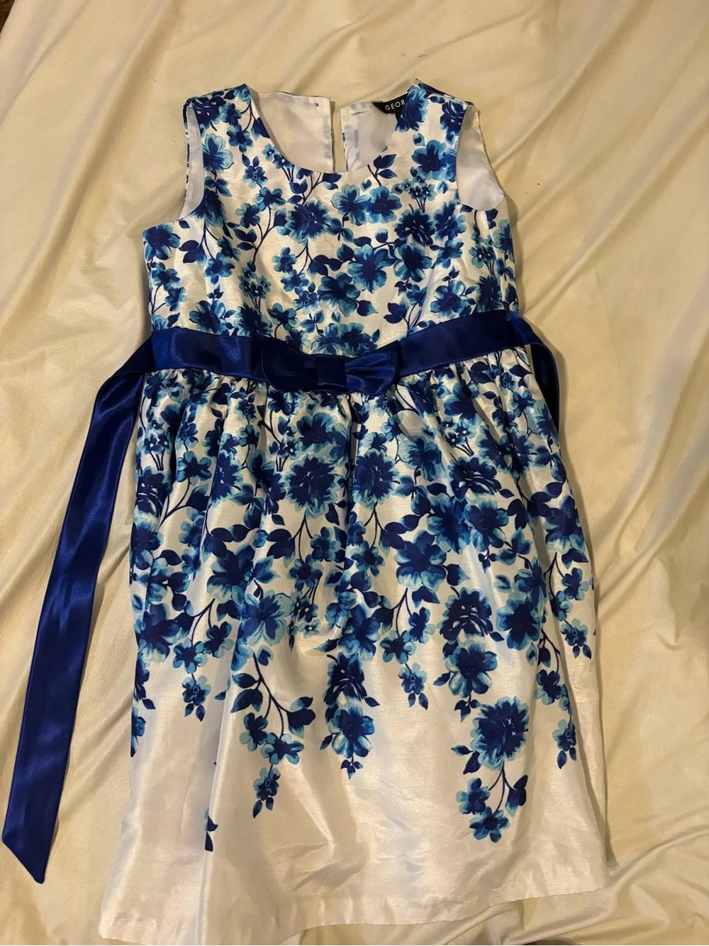 George Blue and White Floral Satin Bow Party Dress